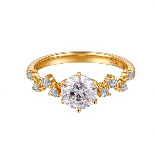 1.05 CT & 0.24 CT, Round Floral Side-Stone Diamond Ring, 18K Yellow Gold