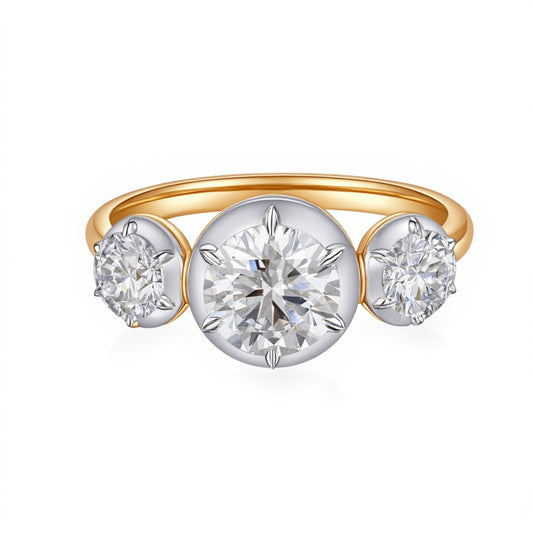 1.01 CT & 0.6 CT, Round Three-Stone Diamond Ring, 18K Yellow Gold