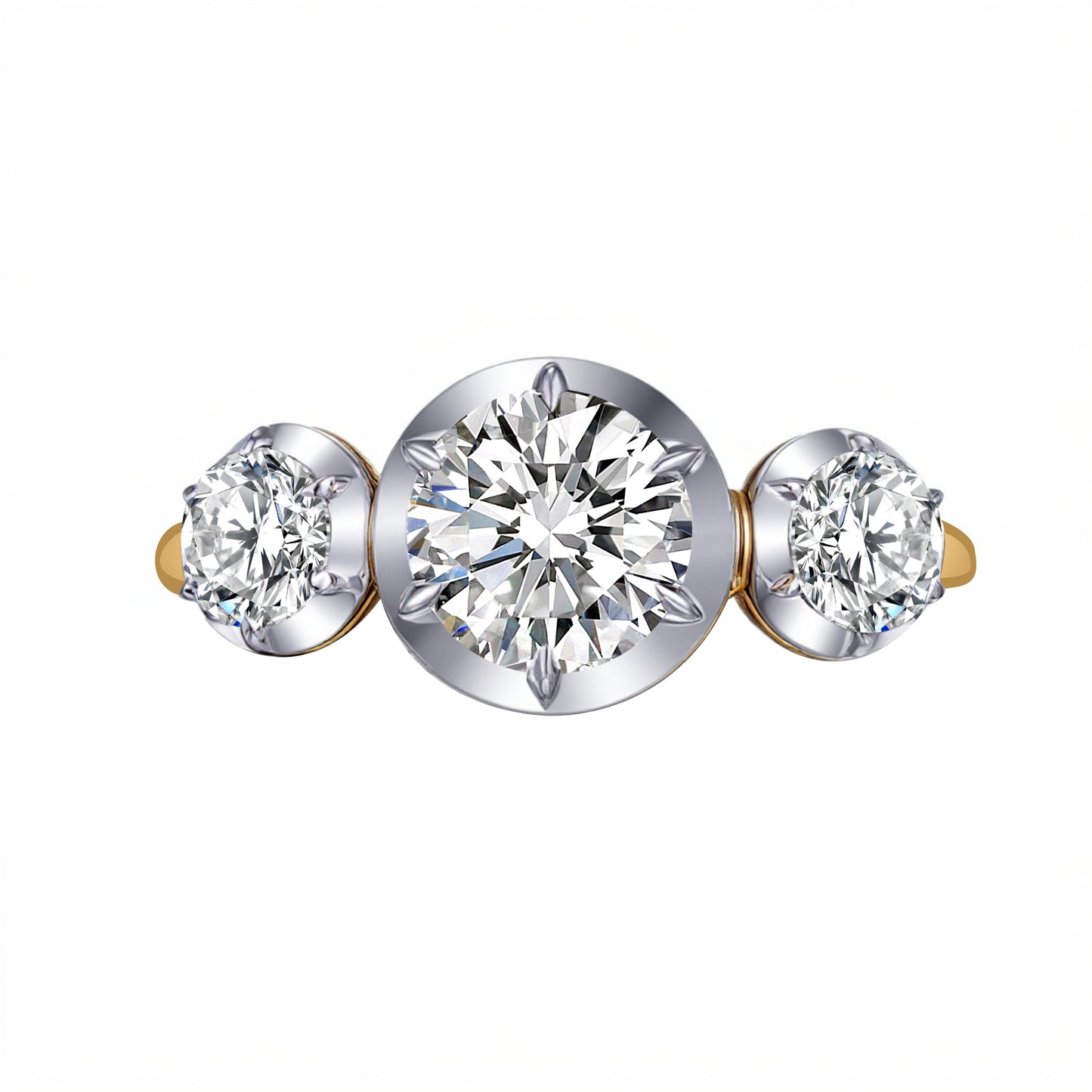 1.01 CT & 0.6 CT, Round Three-Stone Diamond Ring, 18K Yellow Gold