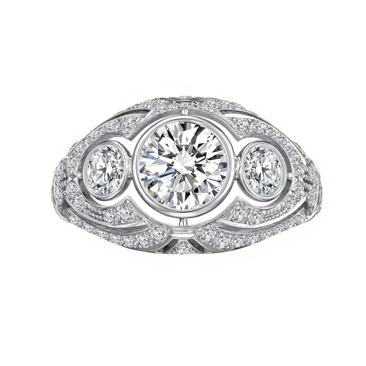 1.03 CT & 0.35 CT & 0.59 CT, Round Fully Set Multi-Stone Diamond Engagement Ring, 18K White Gold