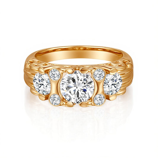 1.07 CT & 0.84 CT, Round Three-Stone Fountain Floral Diamond Engagement Ring, 18K Yellow Gold