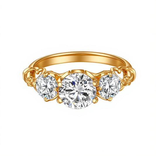 1.03 CT & 0.7 CT, Round Vintage Pattern Three-Stone Diamond Engagement Ring, 18K Yellow Gold