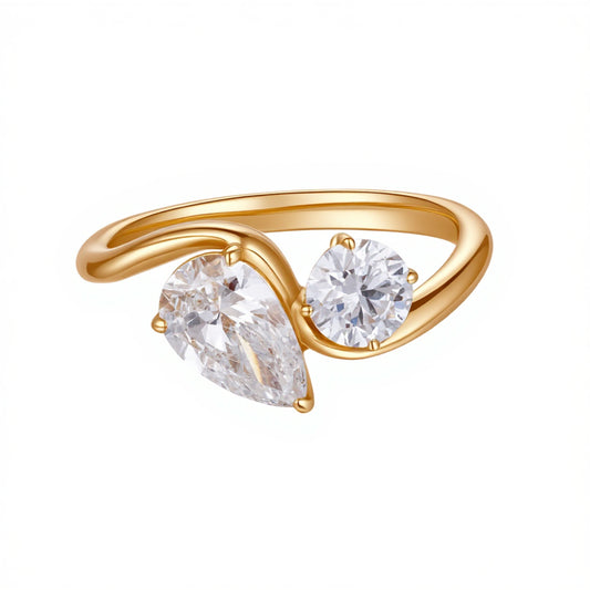 1.01 CT & 0.518 CT, E VS1 Pear Multi-Stone Diamond Ring, 18K Yellow Gold