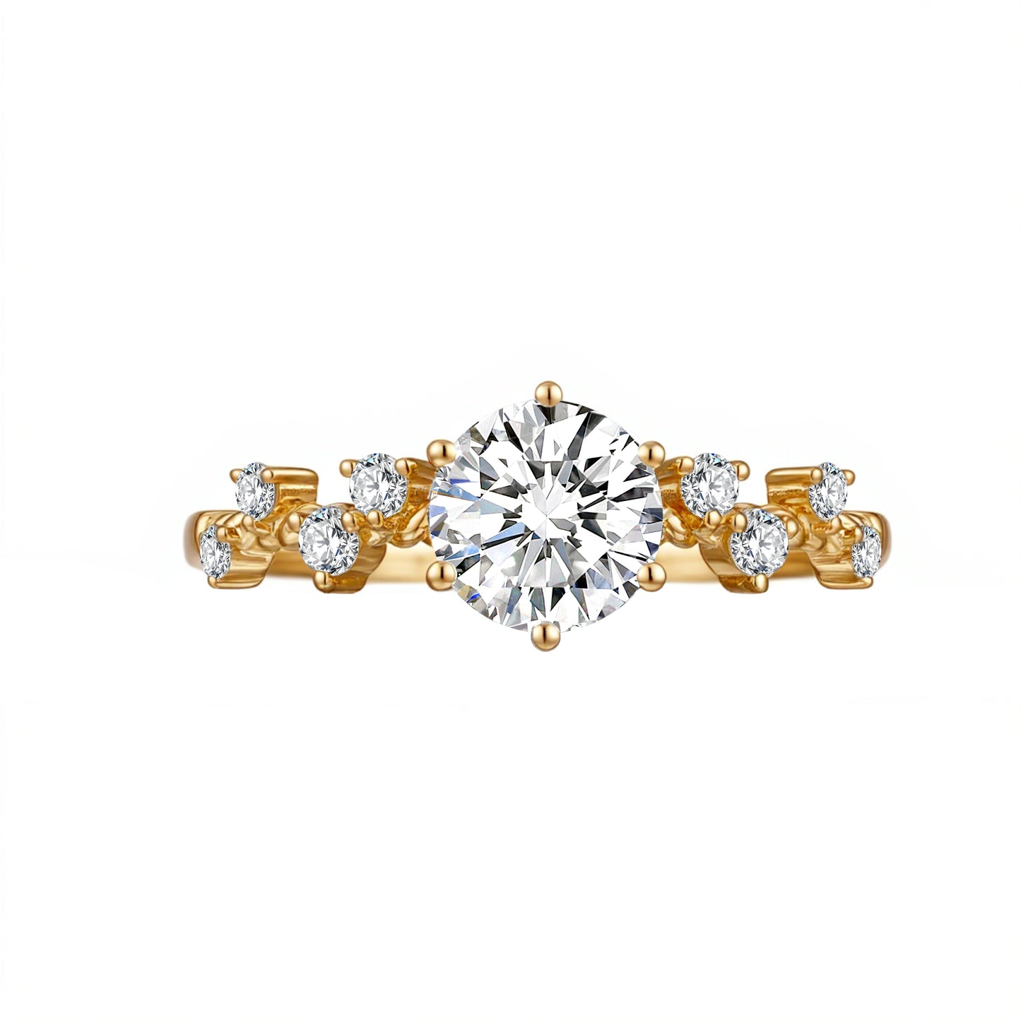1.05 CT & 0.24 CT, Round Floral Side-Stone Diamond Ring, 18K Yellow Gold