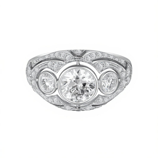1.03 CT & 0.35 CT & 0.59 CT, Round Fully Set Multi-Stone Diamond Engagement Ring, 18K White Gold