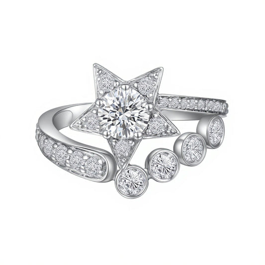 0.541 CT & 0.317 CT & 0.357 CT, Round Shooting Star Diamond Side-Stone Ring, 18K White Gold