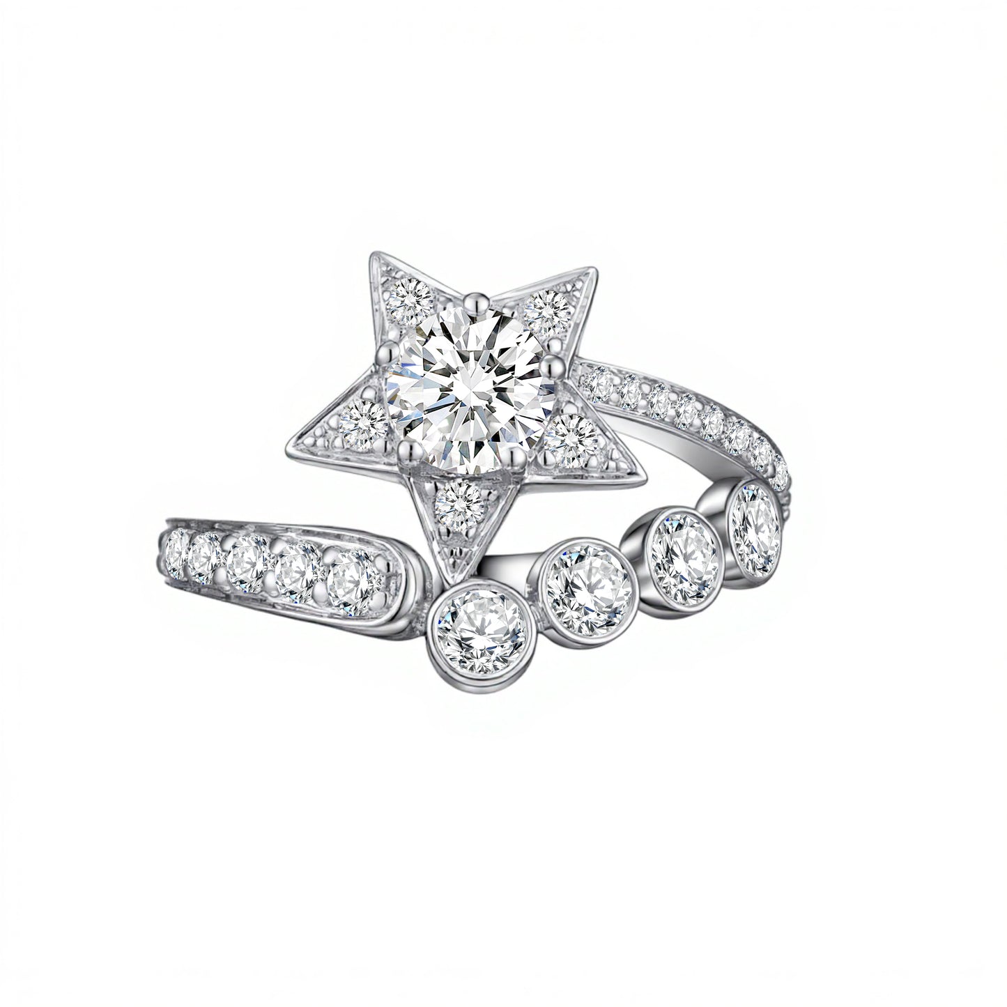 0.541 CT & 0.317 CT & 0.357 CT, Round Shooting Star Diamond Side-Stone Ring, 18K White Gold