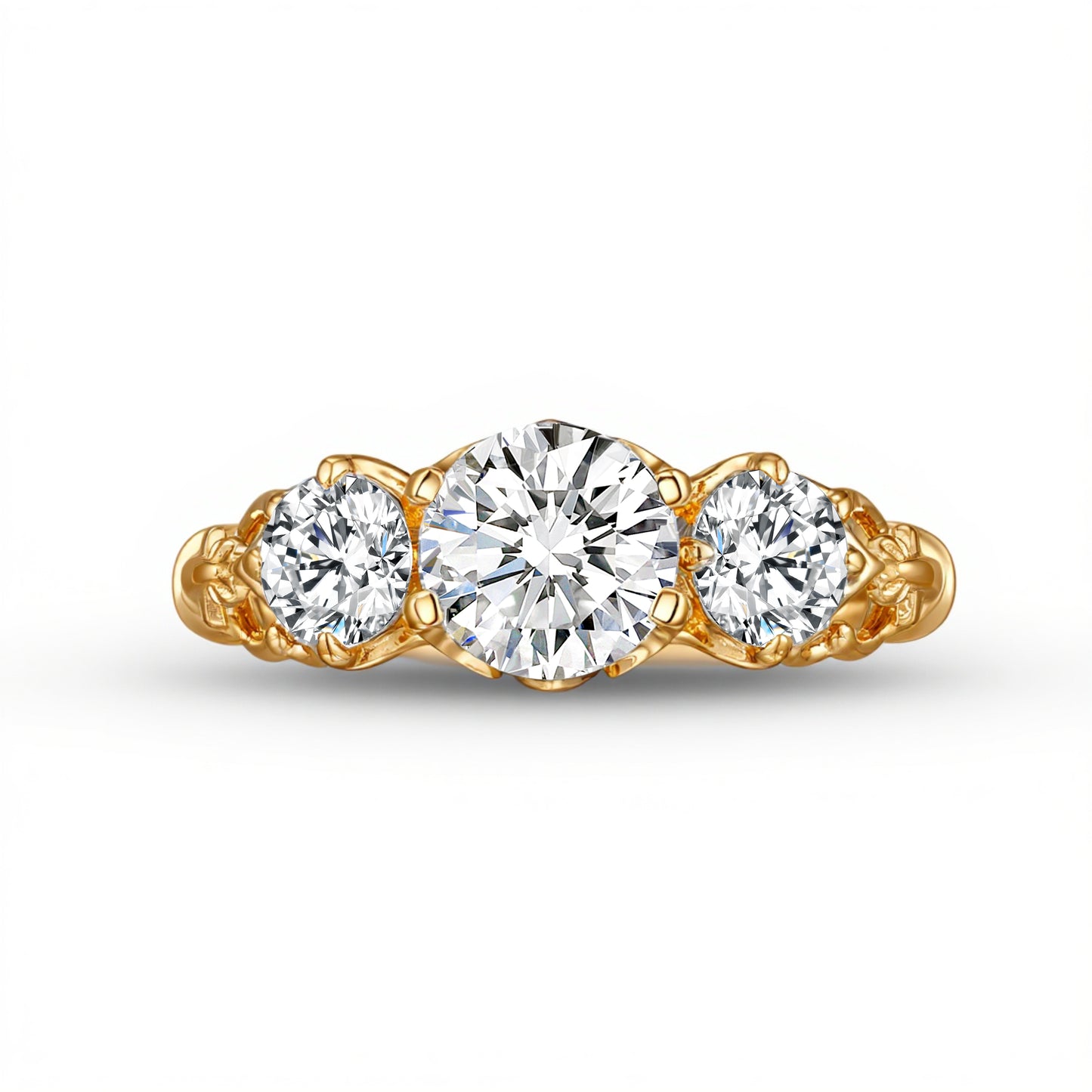 1.03 CT & 0.7 CT, Round Vintage Pattern Three-Stone Diamond Engagement Ring, 18K Yellow Gold